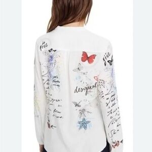 Desigual Women's White Blouse with Colorful Butterfly Graphic Design